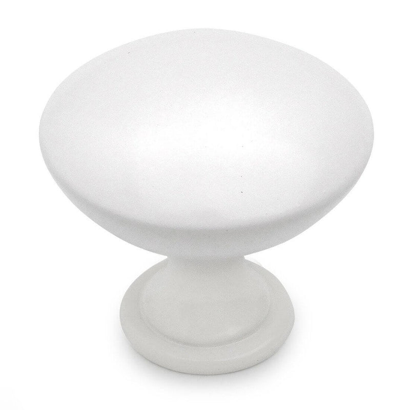 Round white cabinet knob with one and three sixteenths inch diameter
