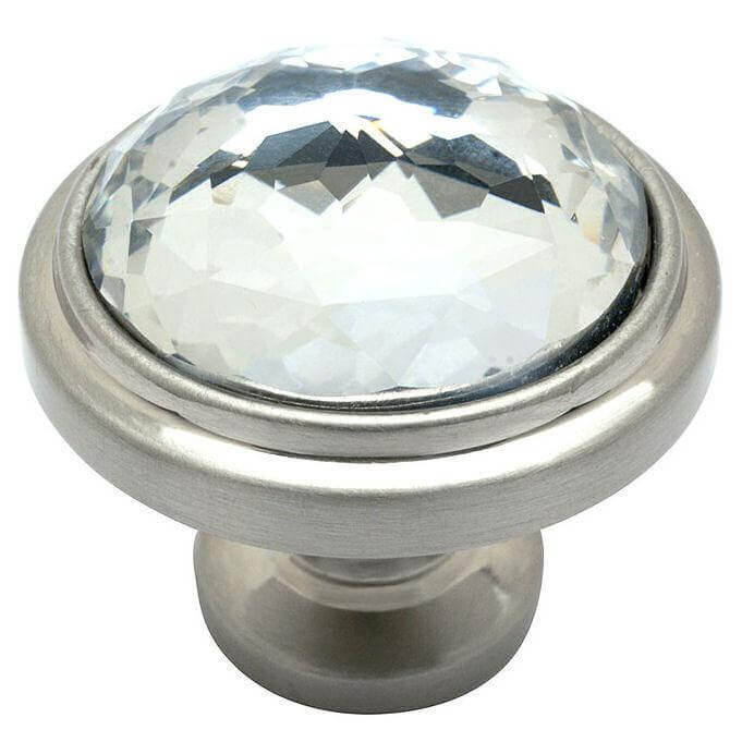 Satin nickel round cabinet knob with round clear glass crystal look at the centre