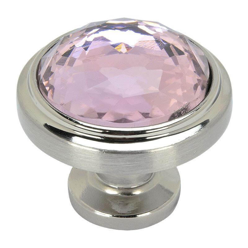 Round cabinet knob with pink glass in satin nickel finish with one and a quarter inch diameter