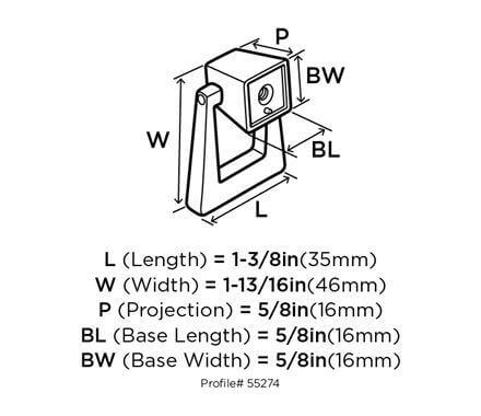 Diagram of dimensions of pendant shaped cabinet knob in oil rubbed bronze finish with one and three eighths inch length