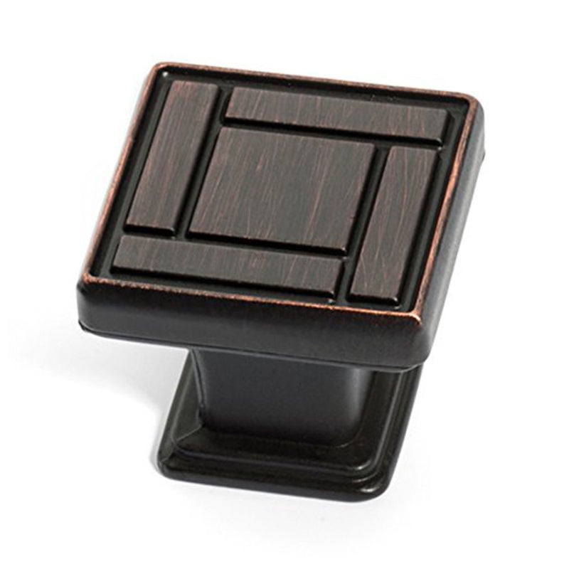 Japan style cabinet knob in oil rubbed bronze finish with blocks pattern and one and one sixteenth inch length