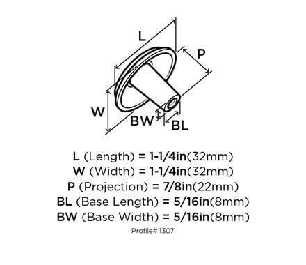 Diagram of dimensions of three stacked rings cabinet knob in brass and antique rust finish with one and a quarter inch diameter