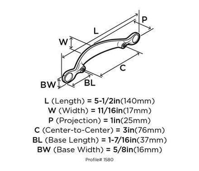 Diagram of dimensions of oil rubbed bronze cabinet handle with leaf carving on top and beautiful arch
