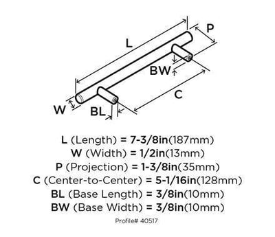 Diagram of dimensions of five inch cabinet handle pull in oil rubbed bronze finish with straight simple style