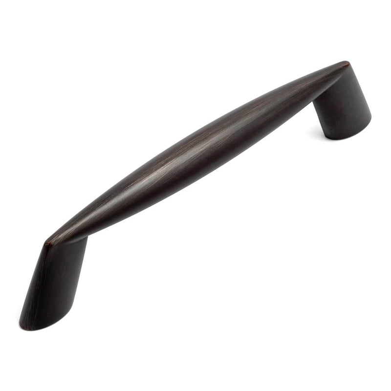 Elongated cabinet pull in oil rubbed bronze finish with pointy tip at the ends and three and three quarters inch hole spacing