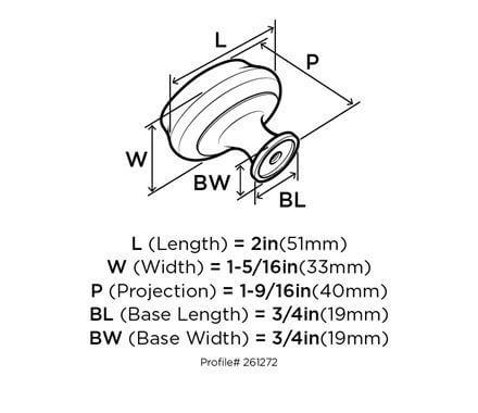 Diagram of dimensions of oversized oval furniture knob in satin nickel finish with two inch length