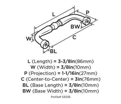 Diagram of dimensions of satin nickel drawer pull with small round details at the centre and three inch hole spacing