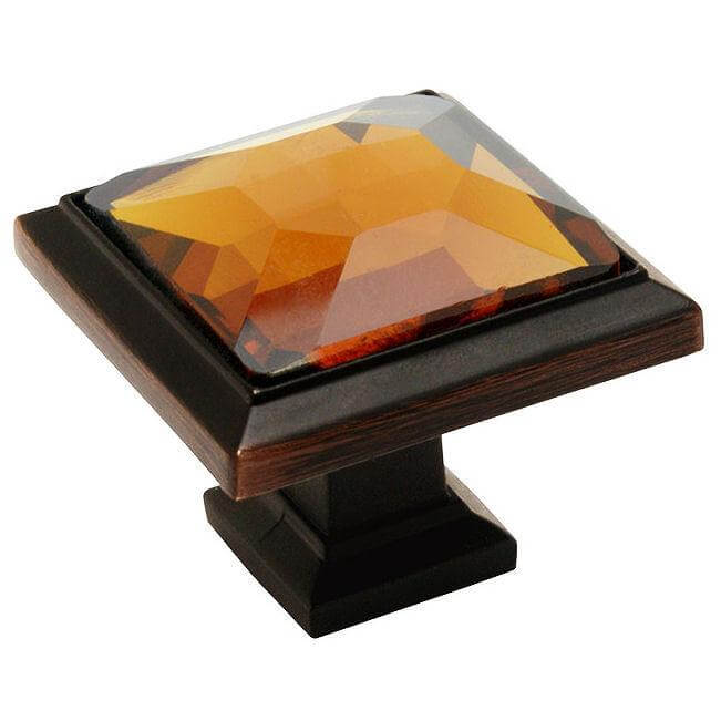 Square oil rubbed bronze drawer knob with amber glass crystal look