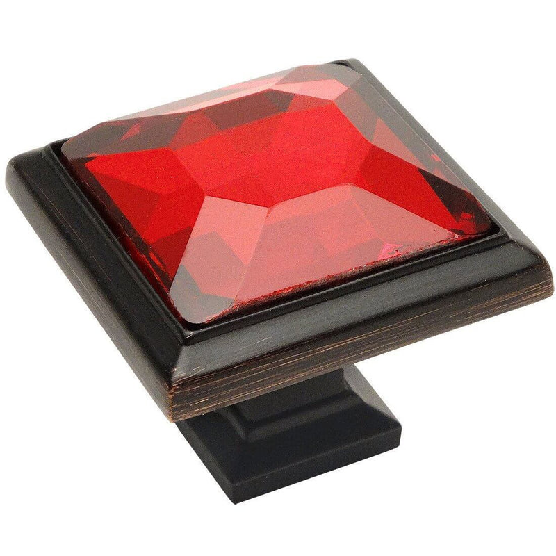 Oil rubbed bronze cabinet knob with red glass crystal look