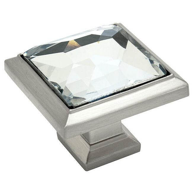 Square drawer knob with clear glass crystal look in satin nickel finish