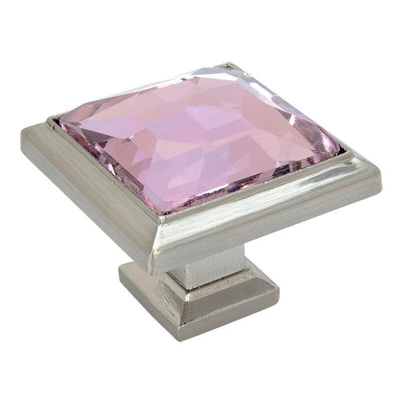 Cabinet square knob in satin nickel finish with pink glass 
