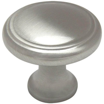 Round cabinet knob in satin nickel finish with a ring on the edges 