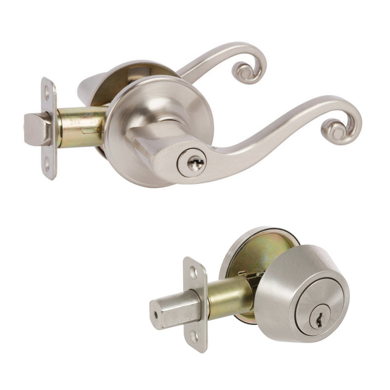 Livingston Satin Nickel Entry Lever with Matching Single Cylinder Deadbolt Combo Pack