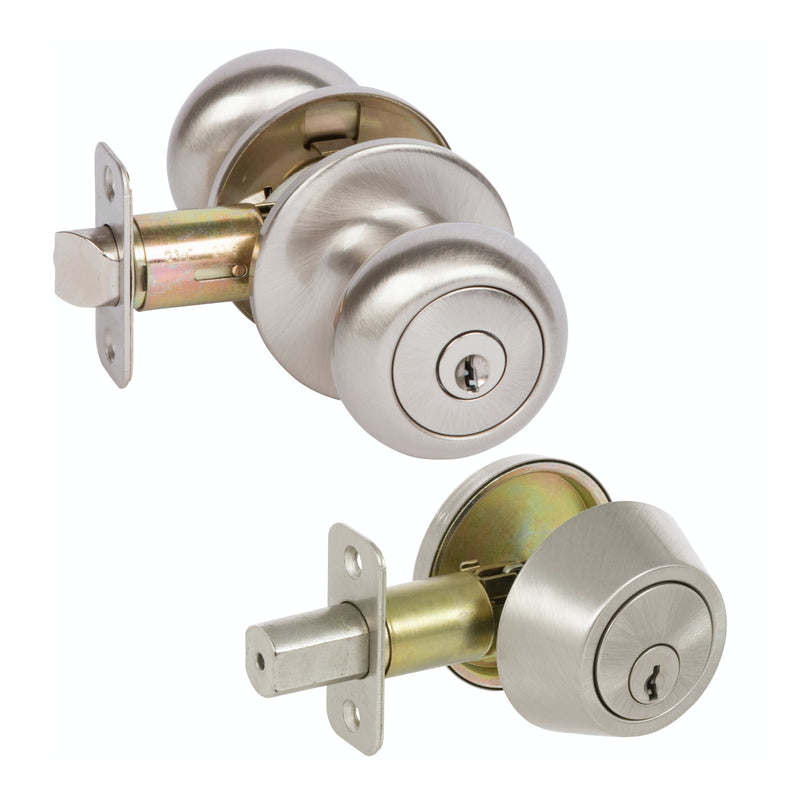 Bedford Satin Nickel Entry Knob with Matching Single Cylinder Deadbolt Combo Pack