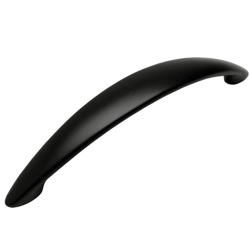 Elongated sharp ends cabinet pull in flat black finish with five inch hole spacing