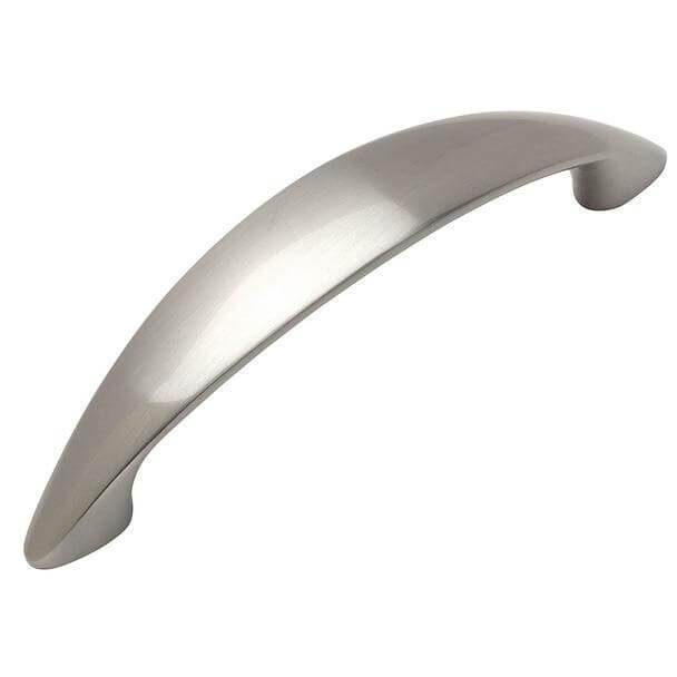 Satin nickel cabinet drawer pull with elongated wide design and pointy ends