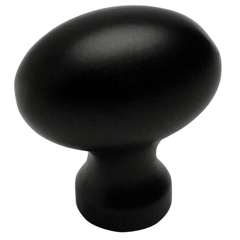 Flat black small football cabinet knob with one and three sixteenths inch length