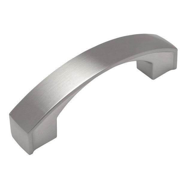 Wide rectangular plat drawer pull in satin nickel finish with three inch hole spacing