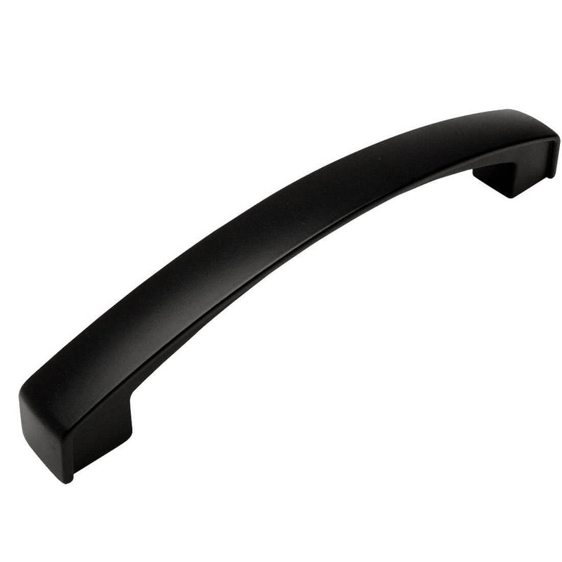 Subtle arched flat drawer pull in flat black finish with five inch hole spacing
