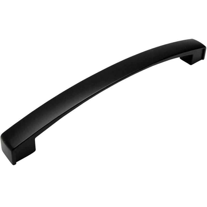 Thin plat subtle arched cabinet pull in flat black finish with six and seven sixteenths inch hole spacing
