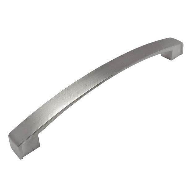 Thin subtle arched cabinet drawer pull in satin nickel finish with six and seven sixteenths inch hole spacing