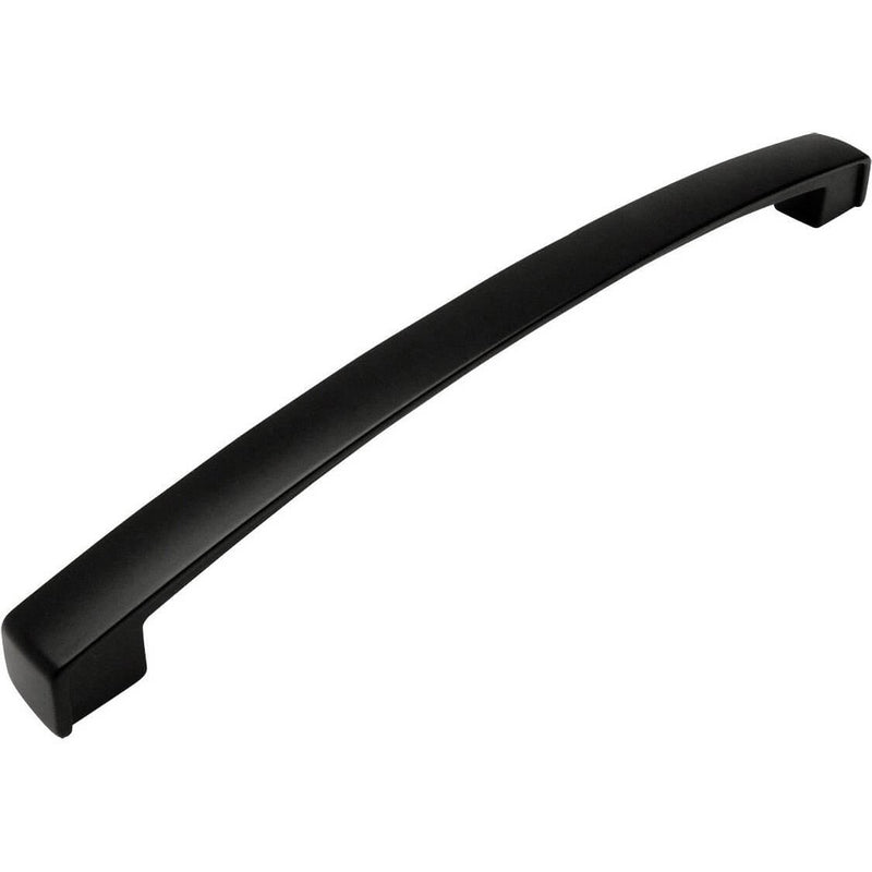 Seven and a half inch hole spacing drawer pull with thin plat subtle arch design in flat black finish