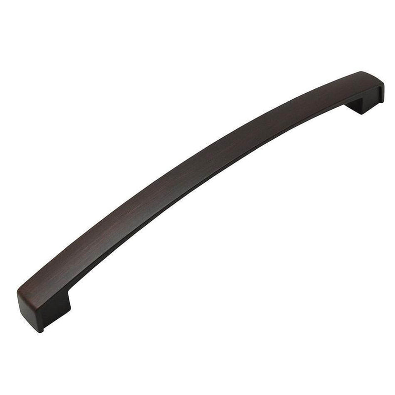 Thin plat subtle arched cabinet pull in oil rubbed bronze finish with seven and a half inch hole spacing