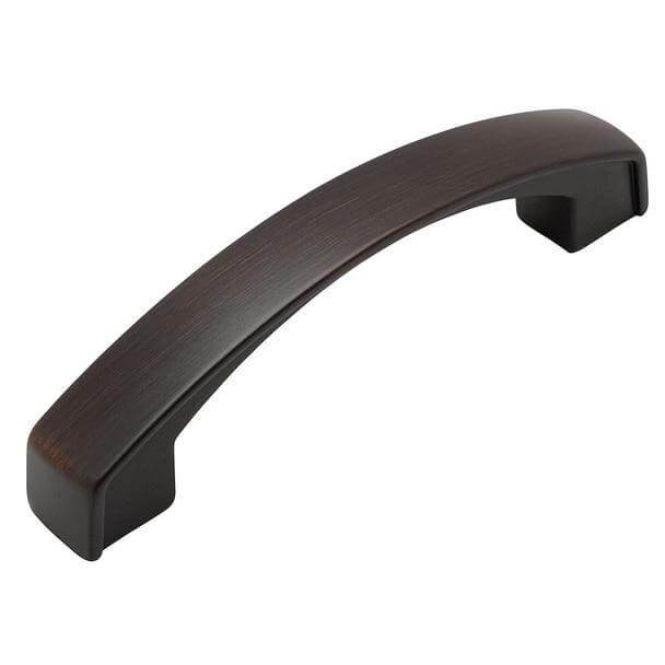 Arched thin plat cabinet pull in oil rubbed bronze finish with three and three quarters inch hole spacing