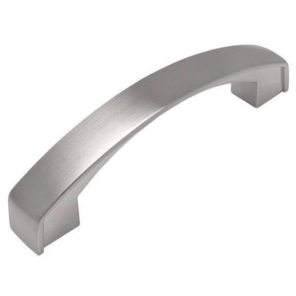Satin nickel cabinet drawer pull with arched thin plat design and three and three quarters inch hole spacing