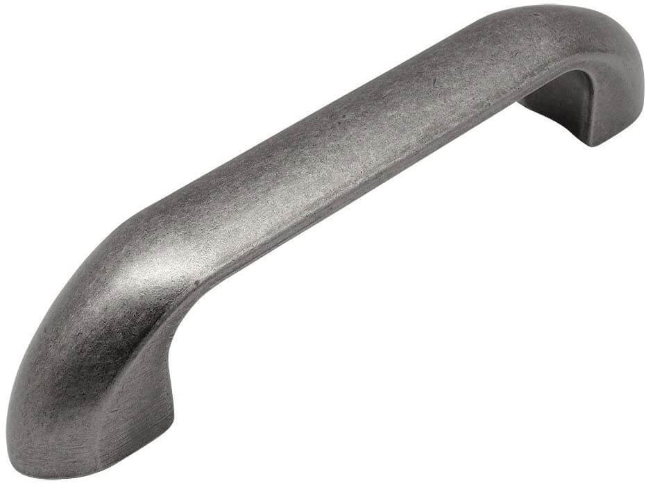 Weathered nickel cabinet pull with three and a half inch hole spacing and blunt smooth at the ends