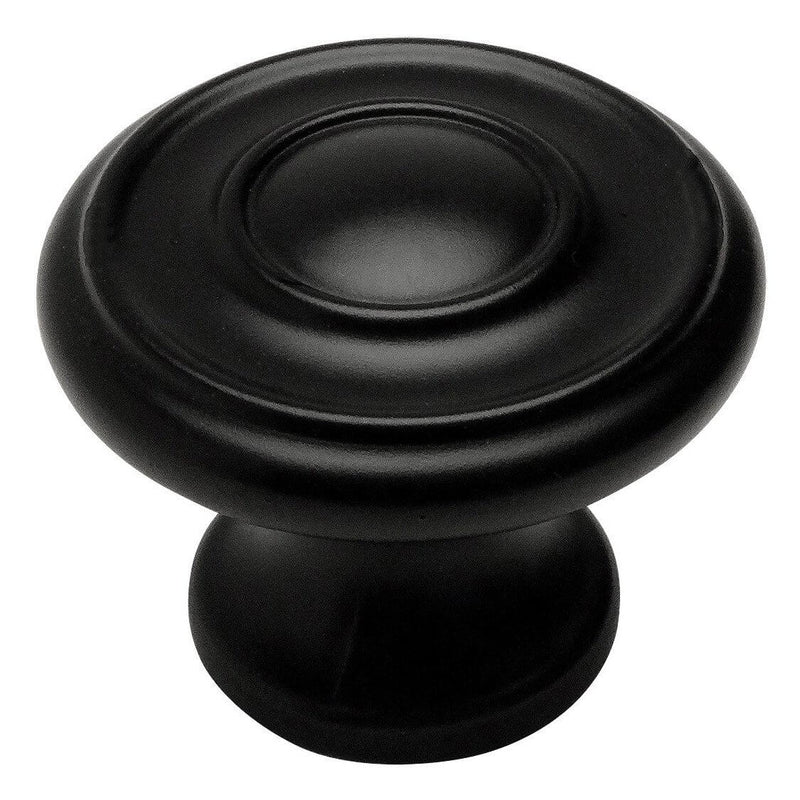 Round diameter knob in flat black finish with two raised rings and one and three sixteenths inch diameter