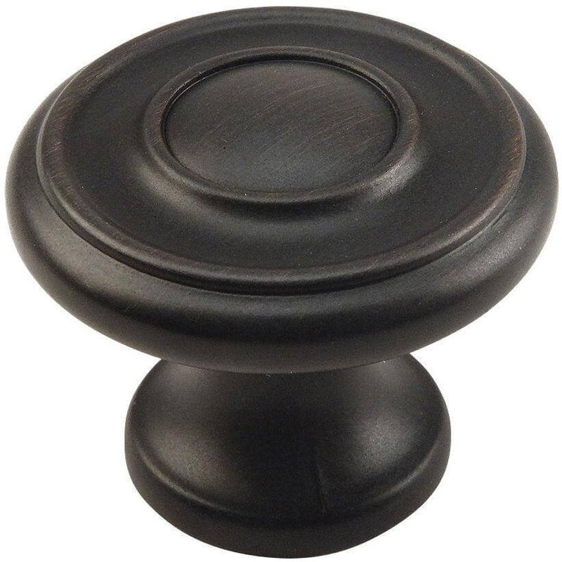 Round oil rubbed bronze cabinet drawer knob with one and three sixteenths inch diameter