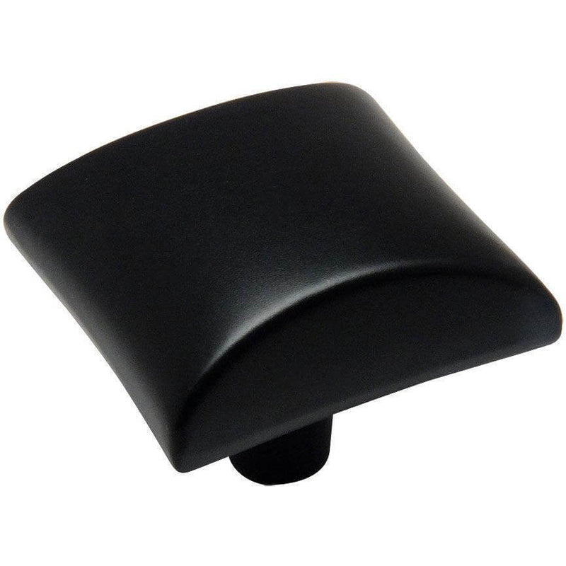 Flat black cabinet knob with half round shape and one and a sixteenth inch length