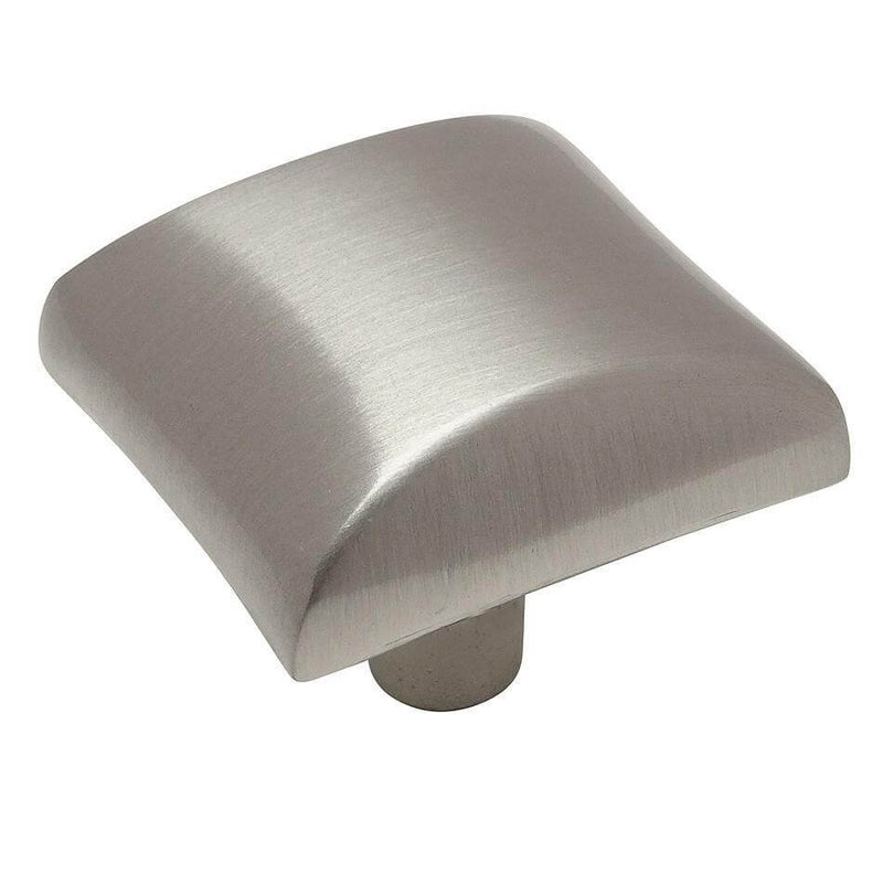 Half round shaped cabinet drawer knob in satin nickel finish with one and a sixteenth inch length