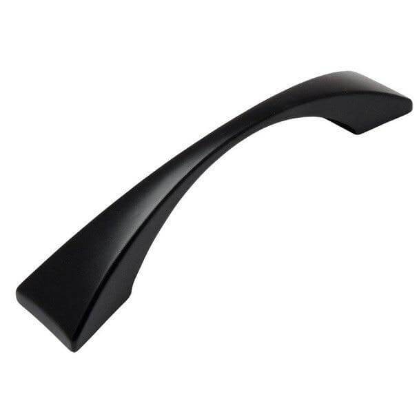 Cabinet pull in flat black finish with slim shape at the centre and three and three quarters inch hole spacing