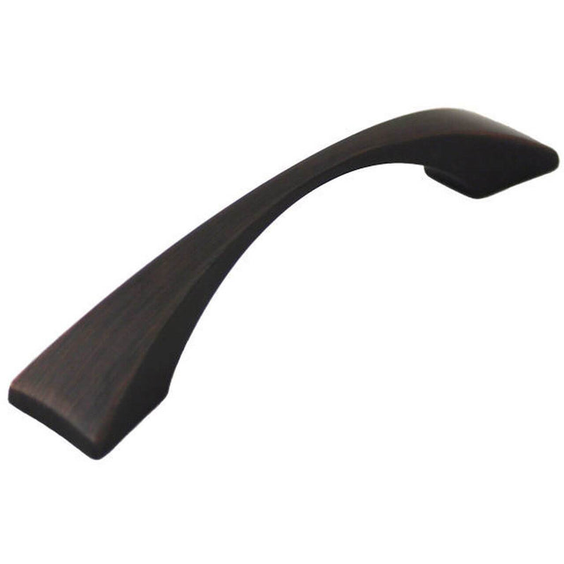 Three and three quarters inch hole spacing cabinet pull with slimmed down centre in oil rubbed bronze finish