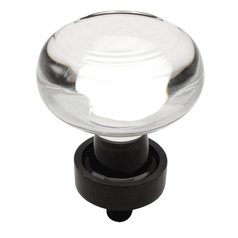 Oil rubbed bronze drawer knob with clear glass and one and three eighths inch diameter