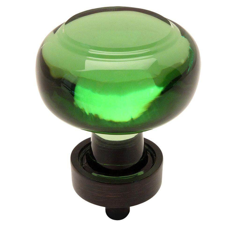 Emerald glass drawer knob with one and three eighths inch diameter in oil rubbed bronze finish