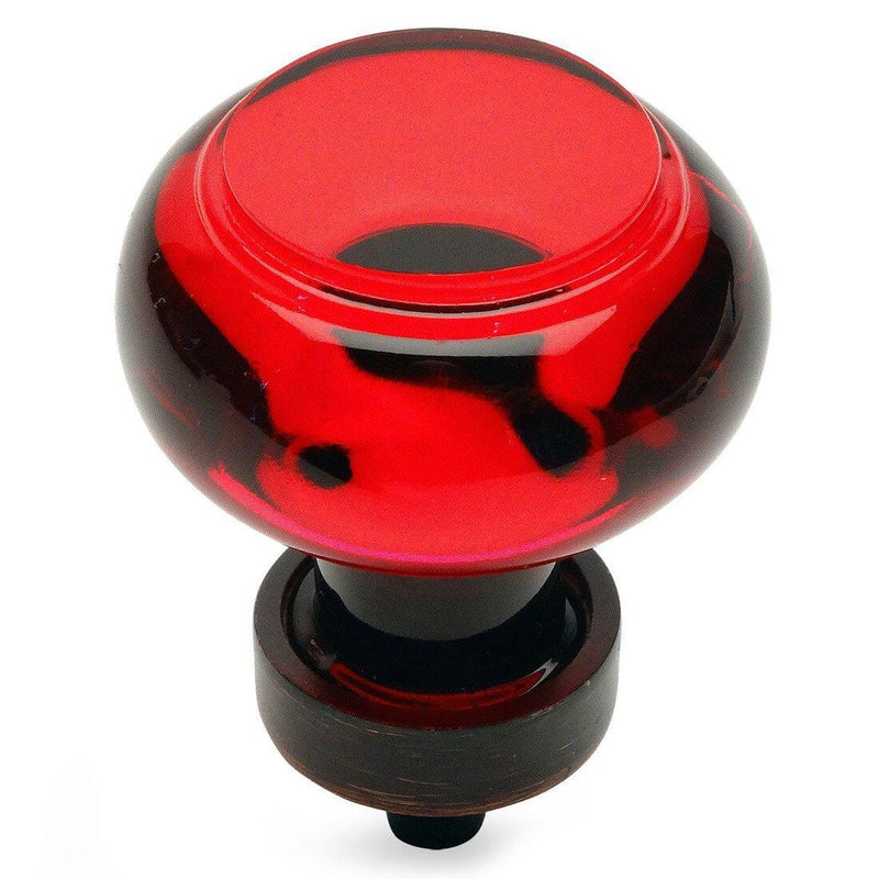 Oil rubbed bronze cabinet drawer knob with red glass and one and three eighths inch diameter