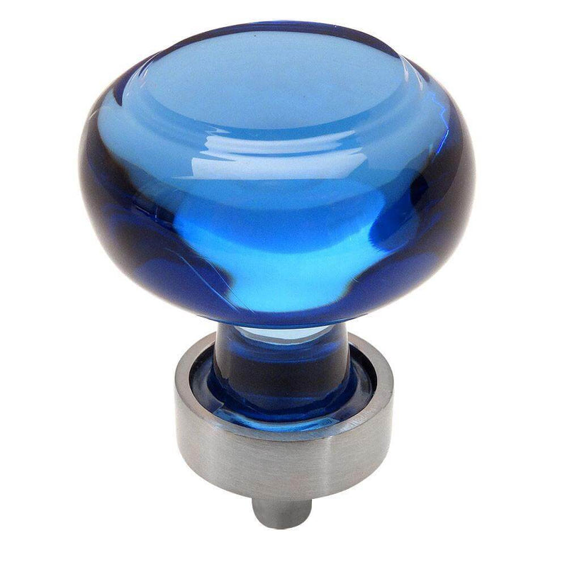 Round drawer knob in satin nickel finish with blue glass and one and three eighths inch diameter
