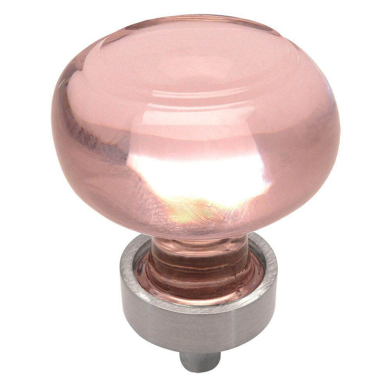 Cabinet drawer knob with pink glass and satin nickel base