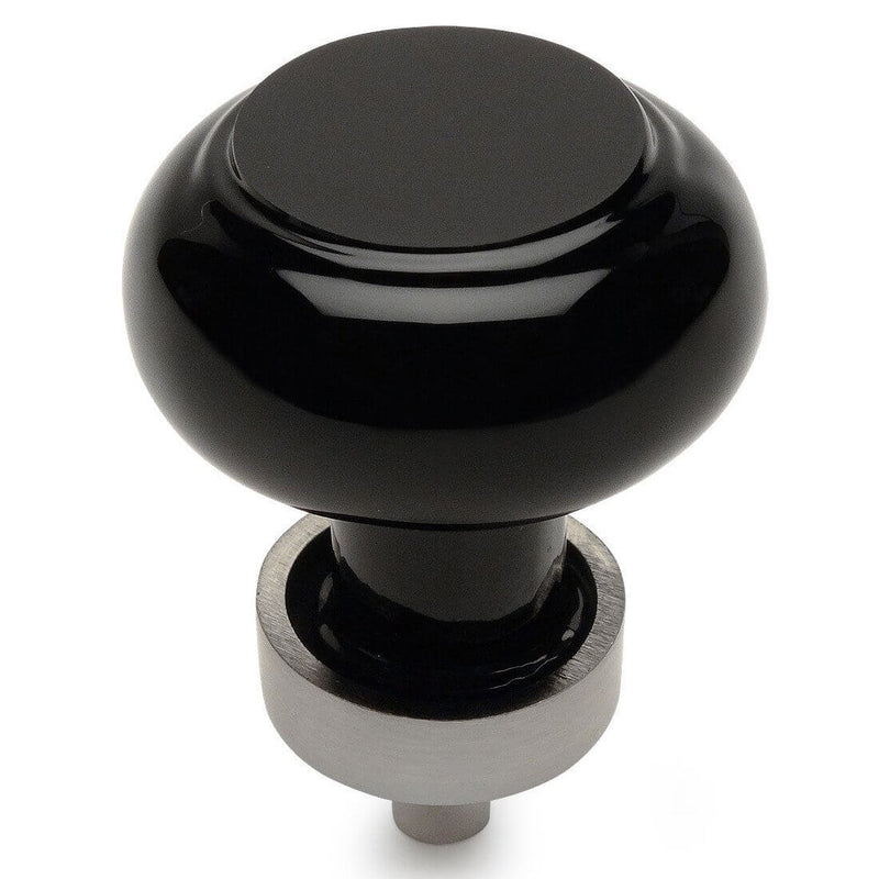 Black glass drawer knob with satin nickel base and one and three eighths inch diameter