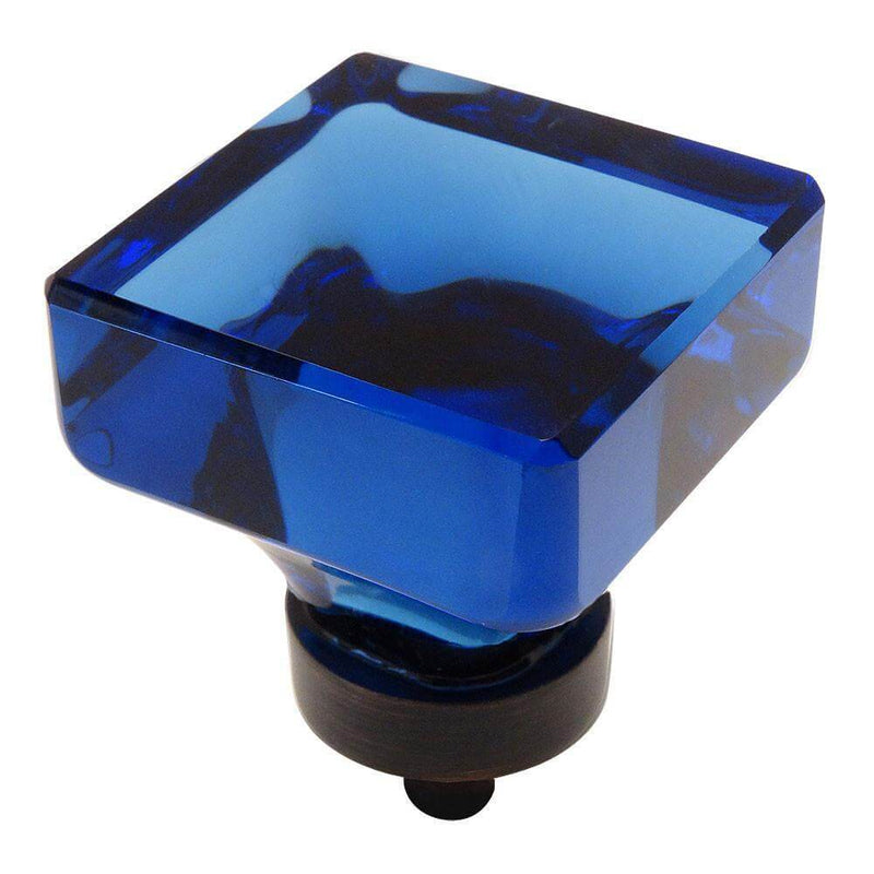 Blue glass cabinet knob in oil rubbed bronze finish with one and three eighths inch length