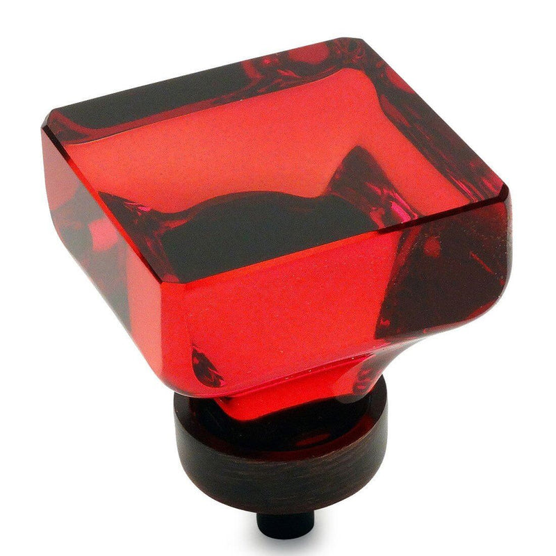Red glass cabinet drawer knob in oil rubbed bronze finish with one and three eighths inch length