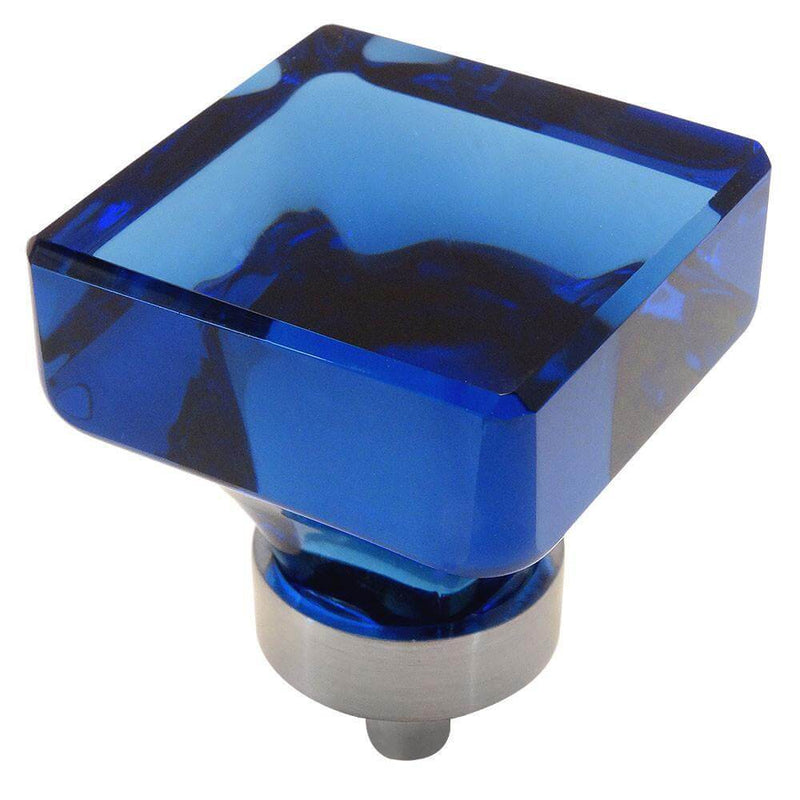 Satin nickel drawer knob with blue glass and one and three eighths inch length