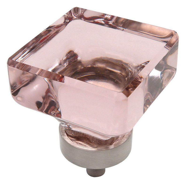 Square drawer knob with pink glass and satin nickel base
