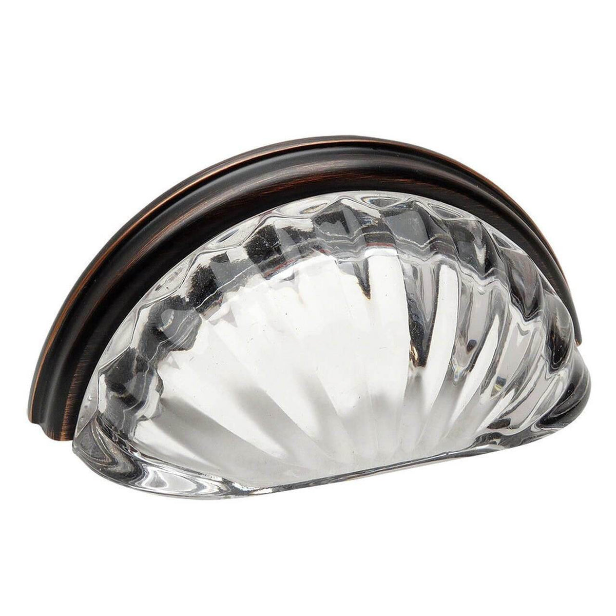 Cabinet cup pull in oil rubbed bronze finish with clear glass and three inch hole spacing