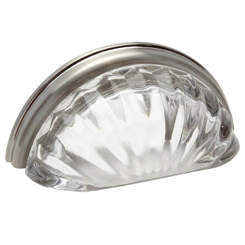 Clear glass drawer pull in satin nickel finish with three inch hole spacing