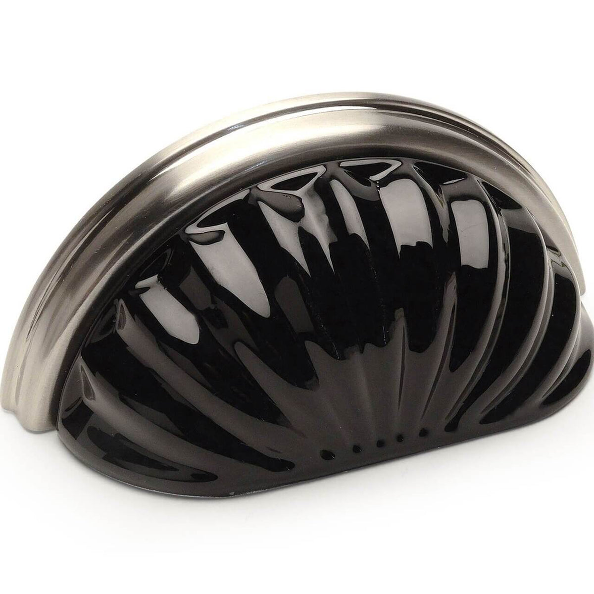 Black glass cabinet cup pull with satin nickel finish and three inch hole spacing