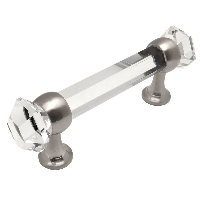 Clear glass cabinet drawer pull in satin nickel finish with three inch hole spacing
